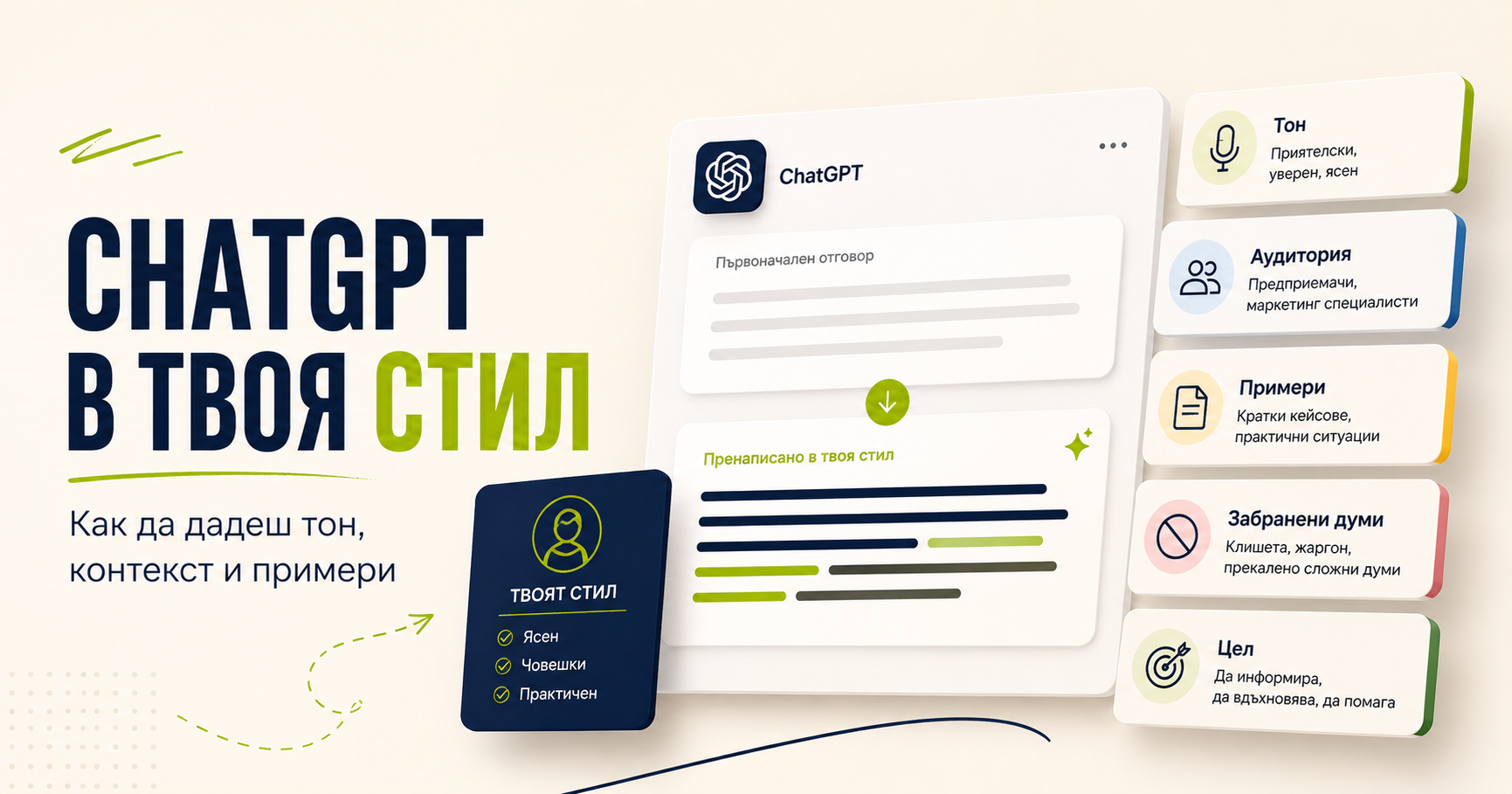 Човек създава профил за стил на писане в ChatGPT с тон, аудитория, примери и забранени думи.