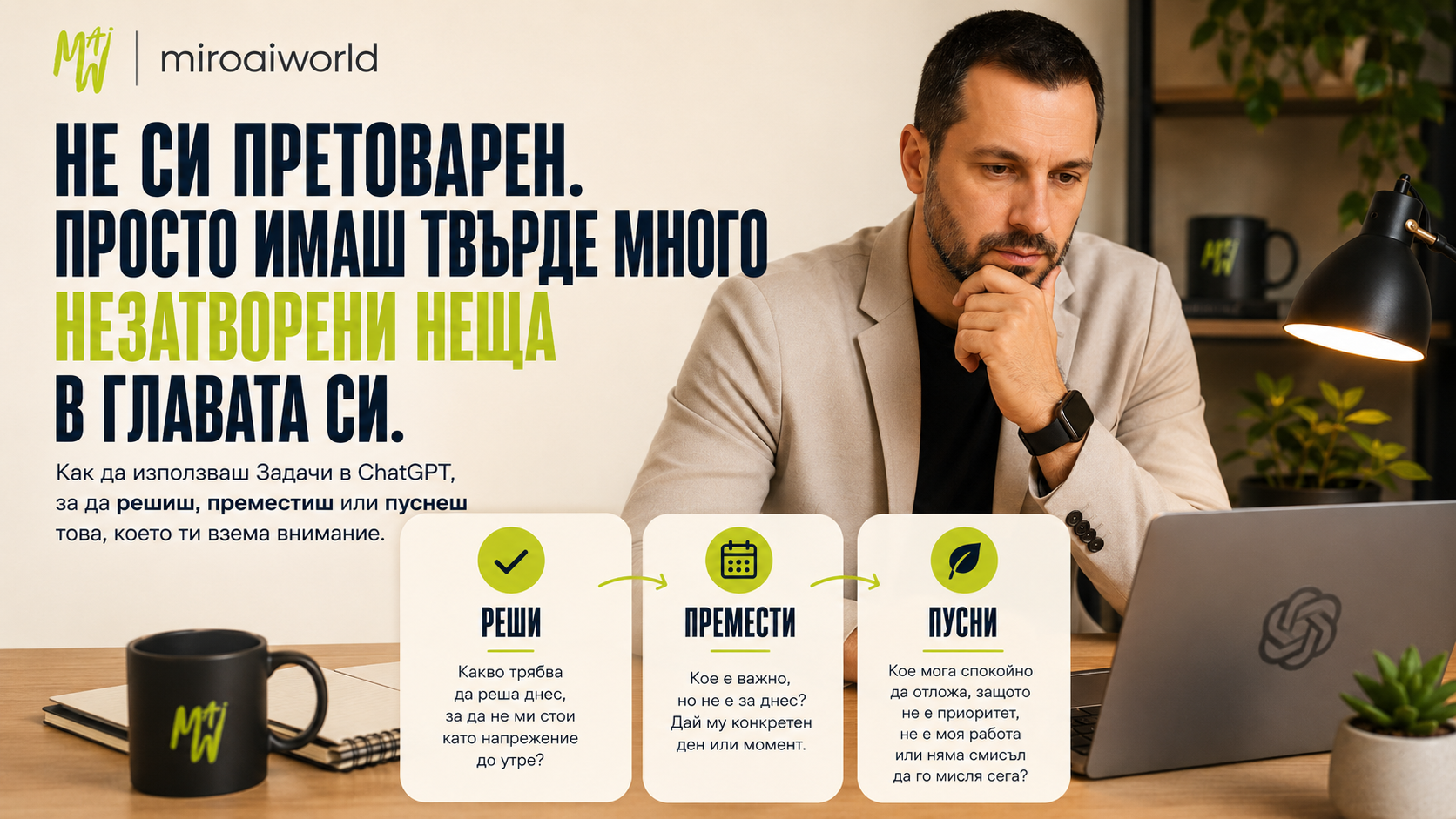 Миро използва Задачи в ChatGPT, за да подреди незавършените задачи в три групи: реши, премести и пусни.