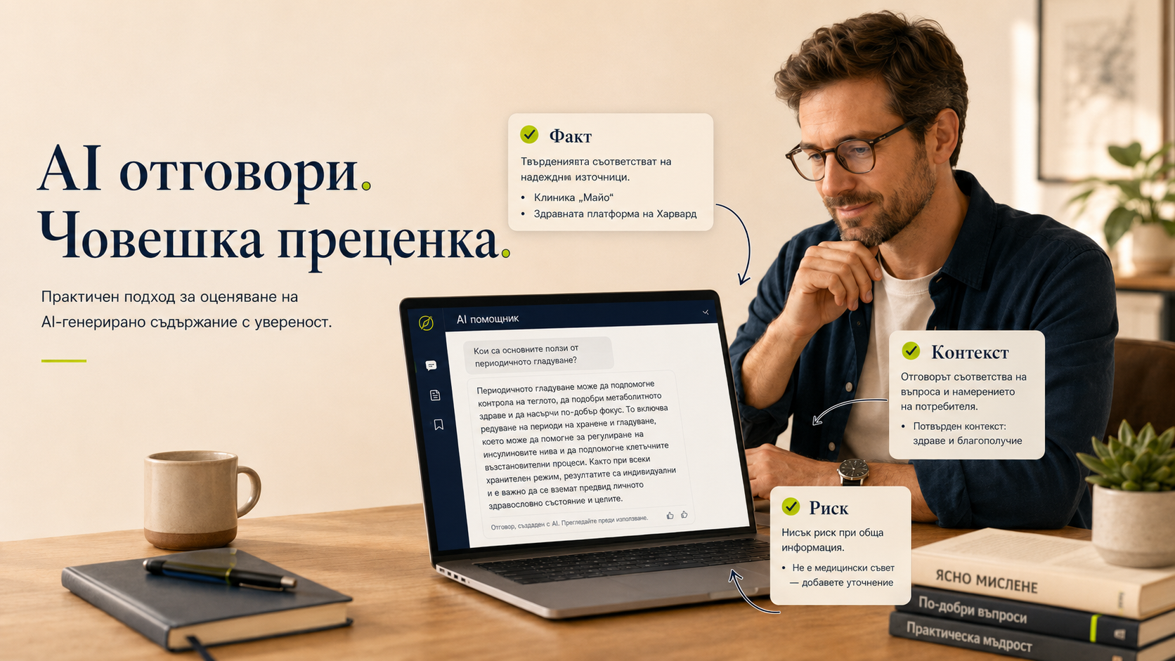 Човек проверява отговор от ChatGPT преди да го използва в работа